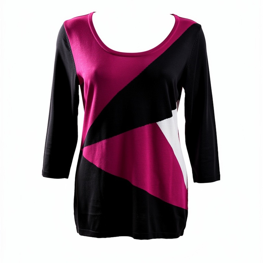 Allison Daley pink raspberry magenta black Colorblock sweater size medium cotton - Picture 2 of 14
